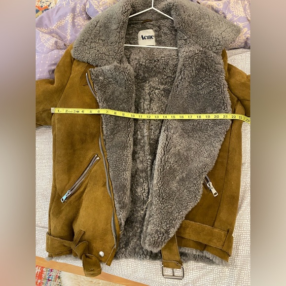 Acne Velicite Shearling Brown Gray Moto Jacket Coat 38 oversized Sheepskin suede - Picture 3 of 6
